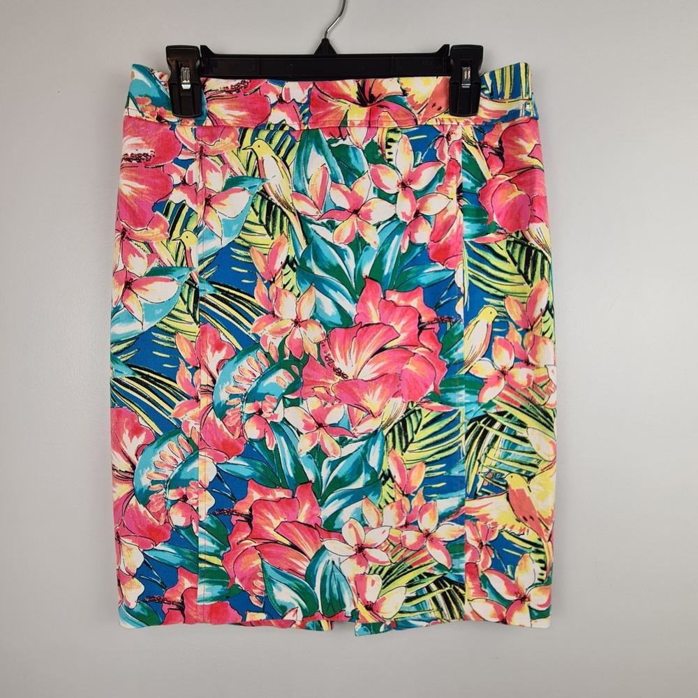 LOFT Womens‎ Tropical Floral Pencil Skirt Blue Pink Hibiscus Bird Size 6 Stretch